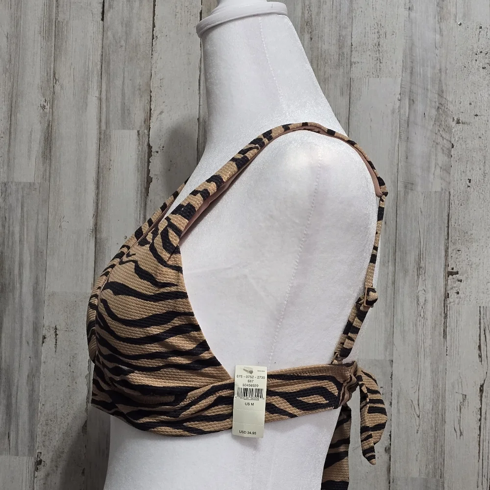 Aerie Pique Brown Animal Print Tie Back Longline Triangle Bikini Top Size Medium